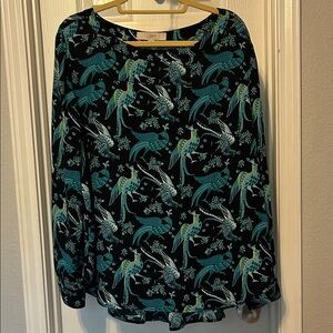 LOFT Black and Teal Parrot Print Blouse